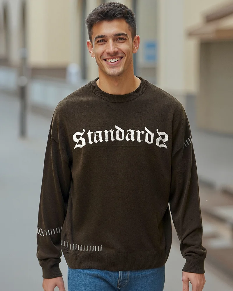 بيواكوف Men's Brown Standard Typography Super Loose Fit Flat Knit Sweater